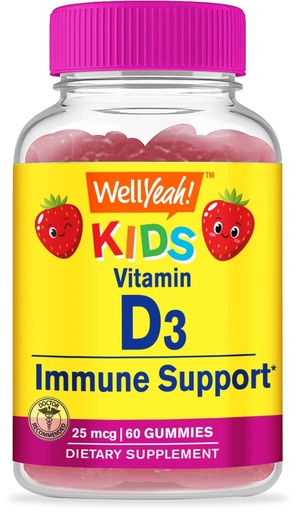 [BRSRMCA5AUHAODTV] WellYeah Kids Vitamin D3 Gummies - 1000 IU (25 mcg)- Supports Bone Strength and Immunity - Non-GMO, Gluten-Free - Strawberry Flavor - Nutritional Supplement - 60 Servings