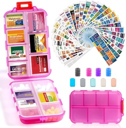 14 Grids Travel Pill Organizer Box with 415-Pcs Medicine Name Labels - Pocket Daily Pharmacy Case Container Kit - Travel Medication Holder Dispenser for Fish Oil Vitamin Supplement Storage -Clear Pink
