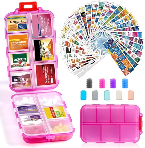 [BRSRA23YAAMGAFD5] 14 Grids Travel Pill Organizer Box z 415- Pcs Medicine Name Etykiety - Pocket Daily Pharmacy Case Container Kit - Travel Mexication Holder Dispenser for Fish Oil Supplement Supplement Storage -Clear Pink