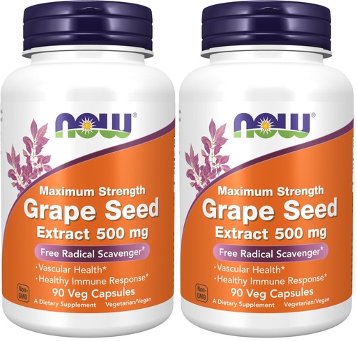 [BRSROYYOAAFGA33A] NOW Supplements, Grape Seed Extract, Maximum Strength 500 mg (a Highly Concentrated Extract with a Minimum of 90% Polyphenols), 90 Veg Capsules, Red/Brown, 0.25 pounds (Pack of 2)