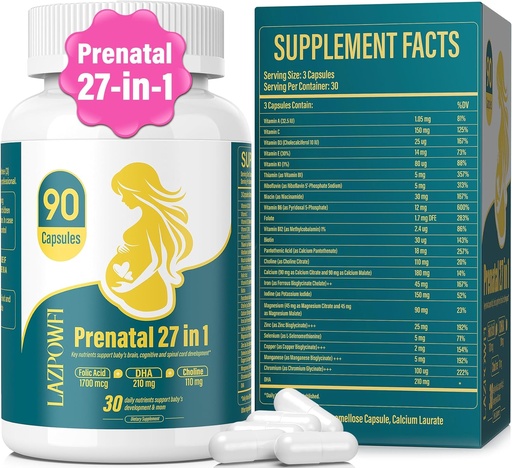 [BRSRAFQ2PJ6B6DT4] Prenatal Vitamins for Women Postnatal Multivitamin with Folic Acid DHA Choline for Pregnant and Breastfeeding Women Niacinamide Biotin and Minerals 27 in 1 Supplement 90 Capsules-30 Servings