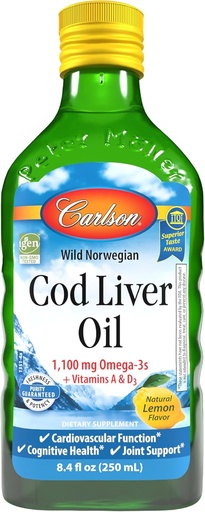 [BRSWIYTYO4GWIYLU] Carlson - Cod Lever Oil, 1100 mg Omega- 3s, Flydende Fish Oil Supplement, Wild-Fanget Norsk Arktis, Sustainable Sourced Nordic Liquid, Lemon, 250 ml