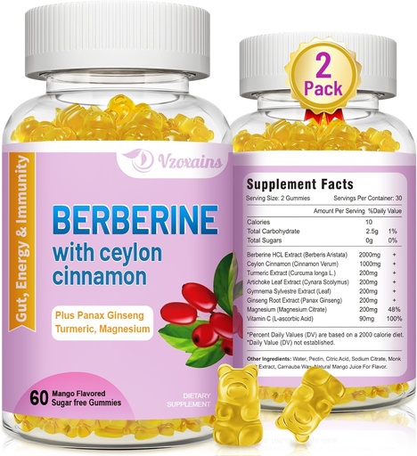 [BRSROAD6PMBBQ2DB] Berberinas su Ceilonu Cinnamon Gummies, Aukšto stiprumo Berberine HCI priedas, imuninė sveikatos parama, 120 Mango dažytų Gummies