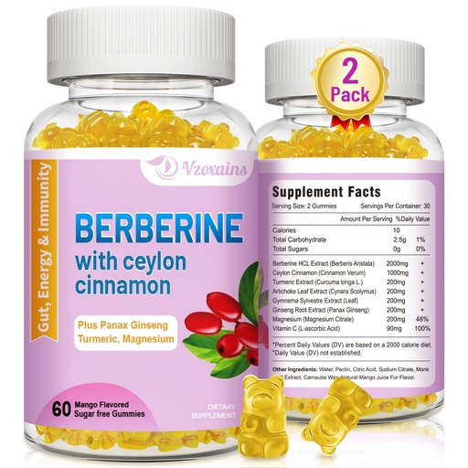 [BRSROAD6PMBBQ2DB] Berberine with Ceylon Cinnamon Gummies, High Potency Berberine HCI Supplement, Immune Health Support, 120 Mango Flavored Gummies
