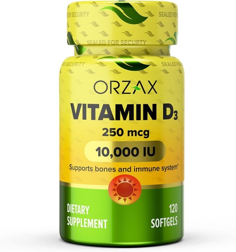 [BRSW2GIKBAIB6HY6] ORZAX Vitamin D3 10000 iu (250 mcg) - Non- GMO, Gluten Free, Sugar Free, Dairy Free - 120- Day Supply for Strong Muscle Function & immunsupport - Mood Supplement for Wellness (120 Softgel)