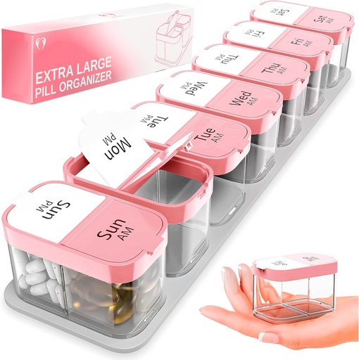 [BRSRAGIDCIPWOHL6] Extra Large Weekly Pill 주최자 - 7 Detachable AM PM Compartments가있는 XL 비타민 홀더 - 가정 및 여행을위한 휴대용 의학 분배기, 주간 또는 일일 사용을위한 큰 보충 용기, 핑크
