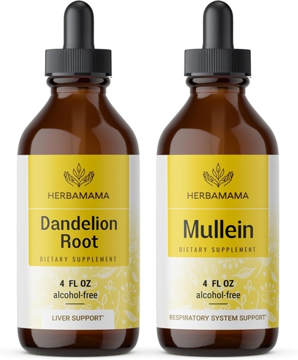 [BRSRAGAEO4IB6CTJ] HERBAMAMA Herbal Liquid Drops Kit - Bundle of Dandelion Root and Mullein Leaf Tincture 4 fl oz - Vegan, Non-GMO, Sugar & Alcohol-Free - 2 Pack