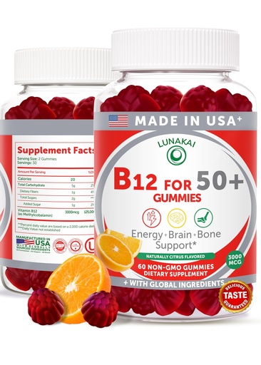 [BRSROBLQDEBQ4E37] Lunakai USA Made Vitamin B12 Gummies for Adults 50+, Non-GMO B12 for Energy & Vitality Boost, Delicious Citrus Flavor, 60ct