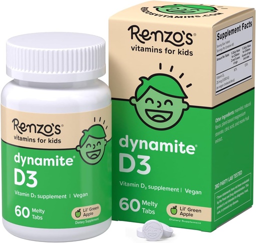 [BRSWECQRCR5REET4] Renzo's Dynamite Vitamin D3, Dissolving Kids Vitamin D3, 60 Sugar-Free Melty Tabs, Lil’ Green Apple Flavored