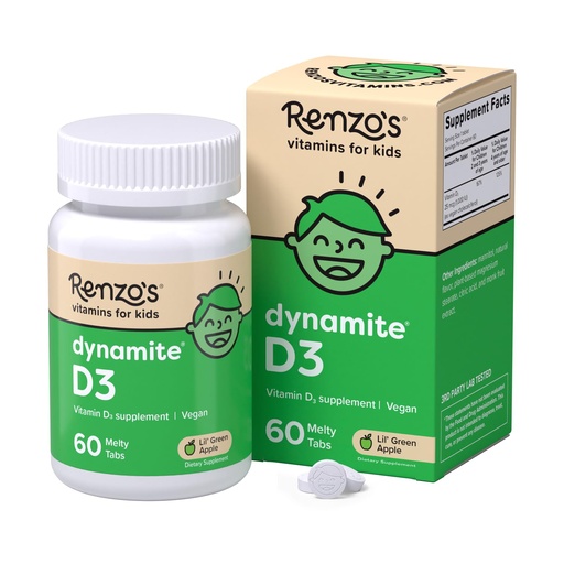 [BRSWECQRCR5REET4] Renzo's Dynamite Vitamin D3, Dissolving Kids Vitamin D3, 60 Sugar-Free Melty Tabs, Lil’ Green Apple Flavored
