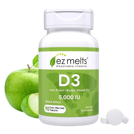 [BRSWIHA7OYOAAFDG] EZ Melts Dissolvable Vitamin D3 5,000 IU - Vegan Vitamin D Supplement for Bone & Teeth Support - No Artificial Flavors - Plant-Based & Non-GMO - Green Apple - 90 Dissolvable Tablets (90 Servings)
