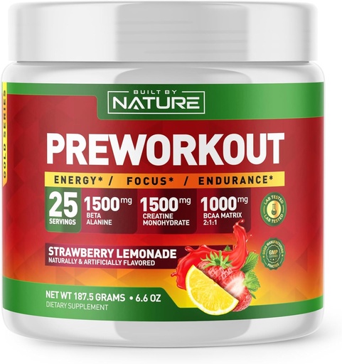 [BRSRAZLQBUBAGELK] Built by Nature Pre Workout Powder with Beta Alanine, Creatine Monohydrate, BCAA, L Citrulline, L Arginine and Caffeine - Strawberry Lemonade Flavor - 25 Servings