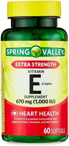 [BRSRAYYZB5YAEHTD] Generic Spring Valley Vitamin E Extra Strength Vitamin E D-Alpha Spring Valley Softgels, 670 mg (1,000 IU), 60 Count