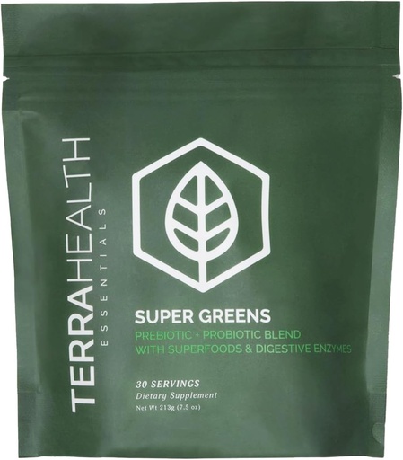 [BRSROFQYCUCAY23U] Terra Health Essentials® Super Greens | Organic Superfood Greens Powder | Gluten-Free Gut-Friendly Probiotics | 30 Servings