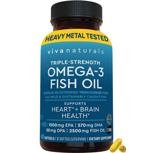 [BRSROED5CIARE2TD] Viva Naturals Omega-3 Fish Oil, Triple Strength, 2500 mg, 60 Softgels – Re-Esterified Omega 3 Fatty Acids Including EPA, DHA, DPA - Pascatarian-Friendly