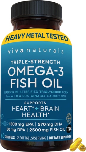 [BRSROED5CIARE2TD] Viva Naturals Omega-3 Fish Oil, Triple Strength, 2500 mg, 60 Softgels – Re-Esterified Omega 3 Fatty Acids Including EPA, DHA, DPA - Pascatarian-Friendly