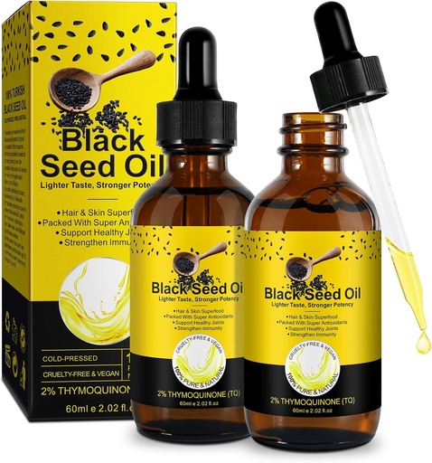[BRSROHQOCQNA2CL4] Black Seed Oil 2PACK, 100% Pure Black Seeds Oil Cold Pressed Unrefined, Rich in Vitamin D3, K2 & E, Black Seed Oil Supplement Drop for Immune Support, Non-GMO (2x60ml)