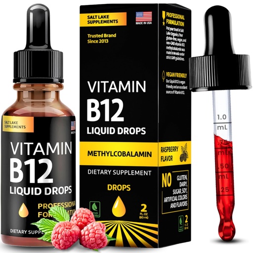 [BRSWYHYFOEDQOFL6] Vitamin B12 Liquid Drops - Vegan B12 vitamins 5000 mcg Methylcobalamin Fast-Acting Sublingual B Complex Liquid Vitamin B2, B3, B6 - Non-GMO, No Dairy, Soy & Sugar, Raspberry Flavor, 2 fl. oz.