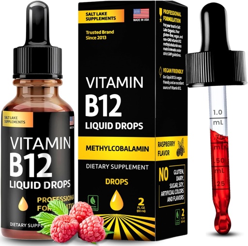 [BRSWYHYFOEDQOFL6] Vitamina B12 Liquid Drops - Vegan B12 vitaminas 5000 mcg Metilcobalamina Fast-Acting Sublingual B Complex Liquid Vitamin B2, B3, B6 - Non-GMO, No Dairy, Soy &amp; Sugar, Raspberry Flavor, 2 fl. oz.
