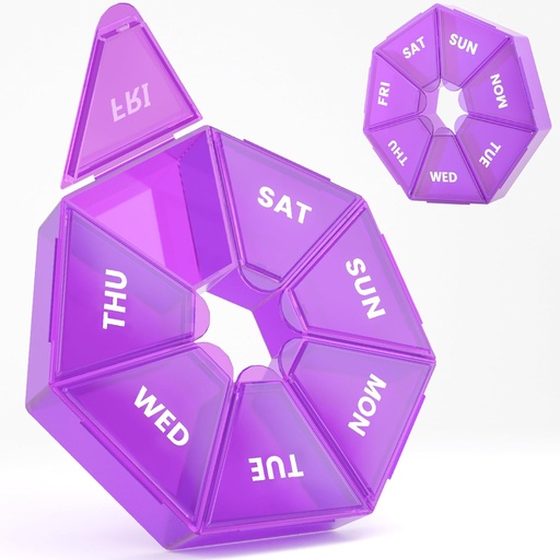 [BRSWYFIFAUBREH3G] Weekly Pill Organizer, 2 Pack Portable Pill Box Medicine case 6 Colors (Seven Day) New Edition for Vitamin/Fish Oil/Pills/Supplements-Arthritis Friendly (Purple)