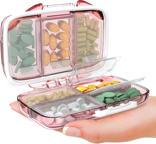 [BRSROHQ3CUBRE3TF] Travel Pill Organizer - Moisture Proof Portable Vitamin Holder with 7 Compartments, Compact Supplement Case for Purse Essential Medicine Kit fot Traveling Pocket Pharmacy with Labels, Pink
