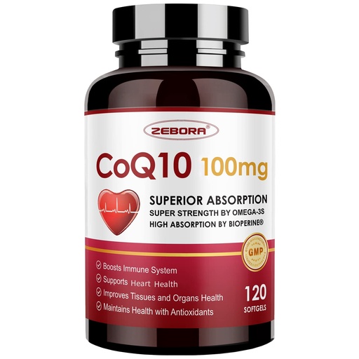 [BRSW2AYROAARGYL6] ZEBORA CoQ10-100mg-Softgels with PQQ, BioPerine & Omega-3, High Absorption Coenzyme Q10 Supplement, Powerful-Antioxidant, Support Heart & Energy-Production 120 Servings, Non-GMO