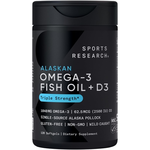 [BRSROGAHOBYBEDLG] Sports Research Triple Strength 1040mg Omega-3 from Wild Alaska Pollock with Vitamin D3 2500iu | 2-in-1 Vitamin D & Omega DHA Fish Oil Supplement Supporting Heart Health - 120 Softgels