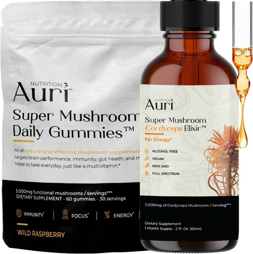 [BRSRAZA2B4BBODQ4] Auri Energy & Immune Boost Pack Super Mushroom Денні Gummies Cordyceps Elixir Bundle - Щоденний Wellness для Focus, Stamina і довголіття - 60 Gummies + 60ml Tincture