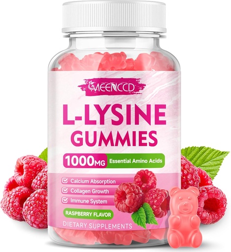 [BRSRAAQBOQFGGHLK] L-Lysine 1000mg Gummies, Lysine Supplement for Adults & Kids, Essential Amino Acid Supplement for Lips & Oral Health, Boost Immune & Collagen & Calcium, Sugar-Free, Raspberry Flavor, 60 Count