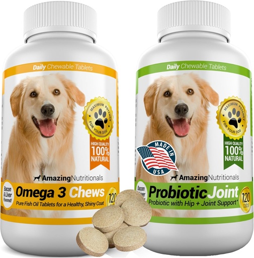 [BRSWK2QYAUNGEA3K] Amazing Combo Omega-3 Fish Oil and Probiotics for Dogs - Pure All-Natural Pet Antioxidant - Promotes Shiny Coat, Brain Health, Eliminates Diarrhea Gas and Joint Pain, 120 Tasty Chews x 2