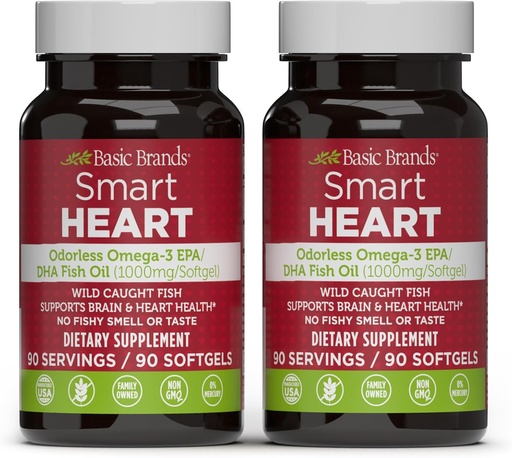 [BRSWYAQFO4FWMCQV] Oinarrizko Brands Smart Heart Odorless Omega-3 Fish Oil 1000mg - Indarra hirukoitza EPA eta DHA, GMO ez, bihotza eta laguntza kognitiboa - 90 Burpless Softgel - 2-Pack