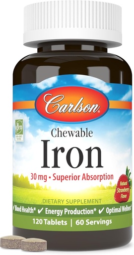 [BRSWGGABOJ6GAELA] Carlson - Hierro Chewable, 30 mg, Absorción Superior, Salud de la Sangre, Producción de Energía y Bienestar Optimal, Suplemento de Hierro Chewable para Hombres Mujer, Sabor de Fresa Natural, 120 Tabletas