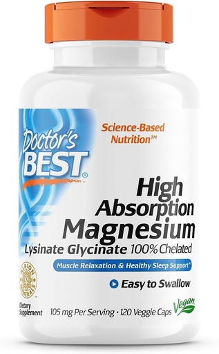 [BRSRMFD5AEFBEELA] Doctor's Best High Absorption Magnesium Glycinate Lysinate 100% Chelated, Non-GMO, Vegan, 120 Veggie Capsule (Pack of 1)