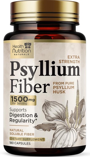 [BRSW2GAYDMHRM3T2] Psyllium Husk Capsules 1500 mg - Natural Fiber Supplement Pills, Daglig Digestion, Colon Health och Regularity Support, Plant Based Psyllium Husks Powder Caps, Vegan, Non-GMO - 180 Veggie Capsules