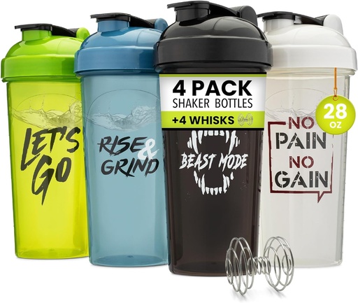 [BRSROCDYDEIQM3QY] GOMOYO [4 Pack] 28oz Shaker Bottle with Motivational Quotes 126; Shaker Cup with 4x Wire Mixer; Shaker for Protein Mixes Pack is BPA Free, Leak Provices and Dishwasher Safe