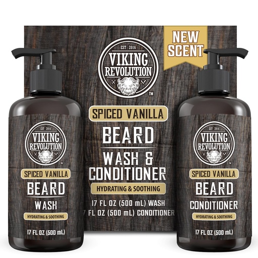 [BRSROZAPBMMBM3DL] Viking Revolution Beard Wash and Beard Conditioner for Men with Argan Oil and Jojoba Oil - Beard Softener and Strengthener Beard Care Beard Shampoo and Conditioner with Beard Oil (17oz Spiced Vanilla)