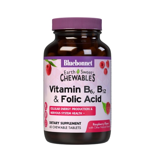 [BRSWIYYPDMNBOADO] Bluebonnet Nutrition Earth Sweet Vitamin B6, B12, Plus Folic Acid Chewable Tablets, Vegan, Vegetarian, Gluten Free, Soy Free, Milk Free, Kosher, 60 Chewable Tablets, Raspberry Flavor