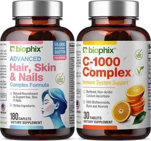[BRSWGZT4OAARE2A7] Complejo de piel de pelo y uñas 180 Caplets con 10000 mcg Biotina - Vitamina libre C-1000 30 Tabletas - Multivitamínicos soporta uñas fuertes Hermoso pelo envejecimiento saludable