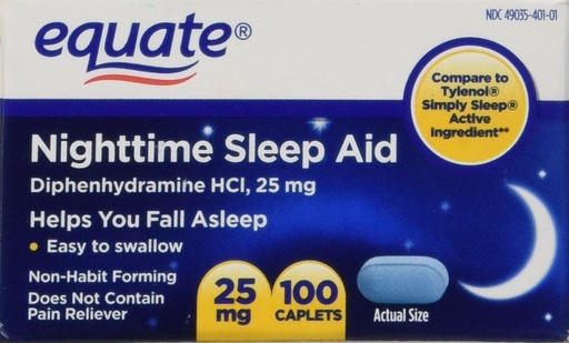 [BRSWIZQQAQHAICT2] Equate Nighttime Sleep Aid 25 mg, 00 Mini-Caplets, 100 Count