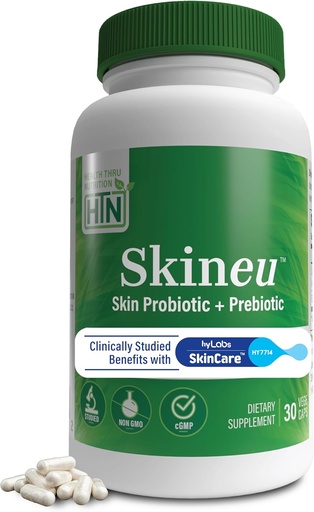 [BRSRAGQPAAPAO3TP] Health Thru Nutrition Skineu - Skin Probiotic + Prebiotic | Supports Skin Hydration & Elasticity | Clinically Studied Ingredients |3rd Party Tested, Non-GMO & Gluten-Free | 30 VegeCapsules