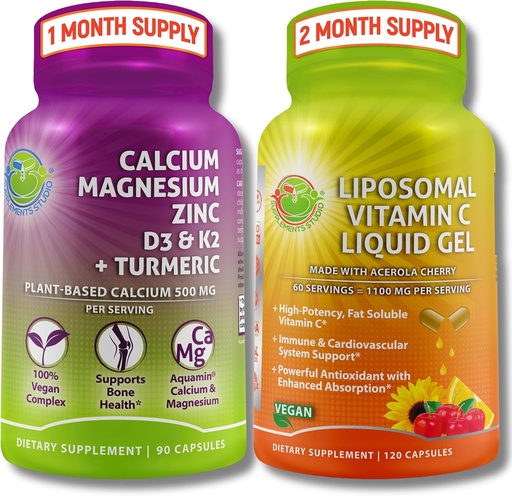 [BRSRAHAYCAIB63L7] Bone & Immune Support Bundle – Liposomal Vitamin C 1100mg Liquid Gel enriched with Acerola Cherry & Plant-Based Calcium (from Aquamin®), Magnesium, Zinc, D3, K2 + Turmeric – Clean Wellness Support