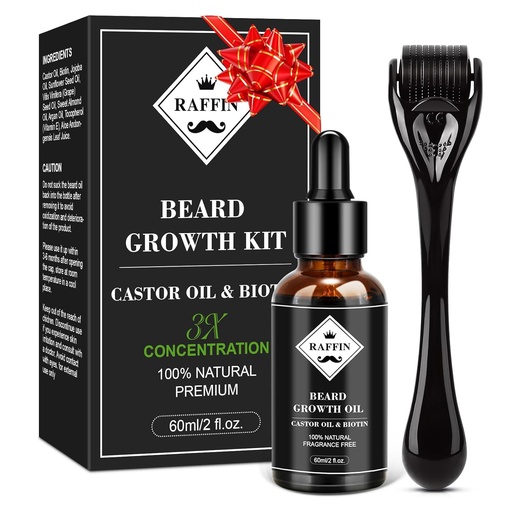 [BRSROFQ7DIIR6G3P] RAFFIN Beard Growth Kit, Upgraded Beard Growth Oil (2Oz) w/Maximum Thickening Biotin & Castor Oil for Spot/Patchy Beard, Achieve Fuller, Thicker & Healthier Beards, Gifts for Him Boyfriend Husband Dad