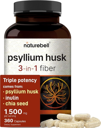 [BRSRMGI3OZ5BO33X] NatureBell Psyllium Husk Fiber Supplement, 1,500mg Per Serving, 360 kapslar | med Inulin & Chia Seed | Organisk löslig Fiber för Digestive & Gut Health | Plant-Based, Non-GMO, Gluten-Free