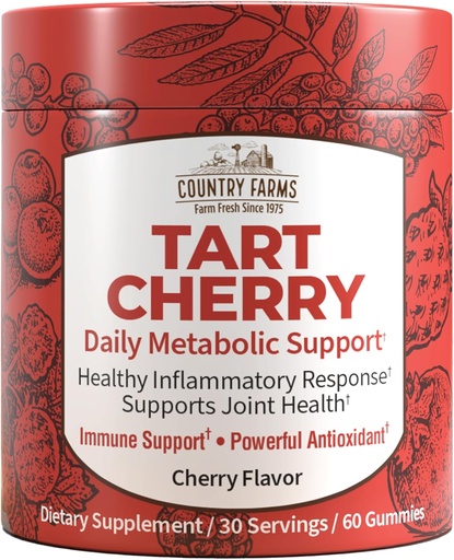 [BRSROHT6CV5A4G33] Country Farms Tart Cherry Gummies, Dialy Metabolic Support, stöder benhälsa, förpackad med potentiella antioxidanter, Cherry Flavor, 60 Gummies