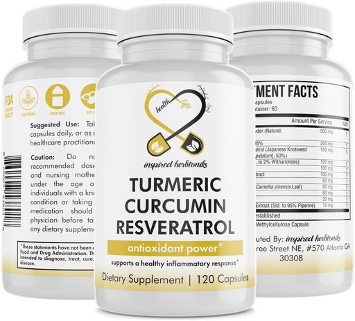 [BRSRMZAPBMPAO2DH] Turmeric Curcumin Resveratrol Nutritional Supplement, Antioxidant Properties, Supports Good Inflammation and Immune System, 120 Vegan Capsules