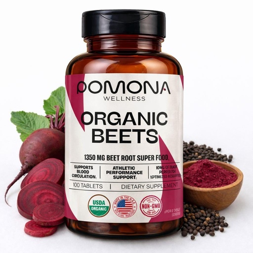 [BRSWGCA3DNYWGCA4] Pomona Wellness Beetroot Supplement 1350mg, Supports Blood Pressure, Heart Health, Circulation, Energy & Athletic Performance, USDA Organic, Non-GMO, Vegan, 100 Tablets