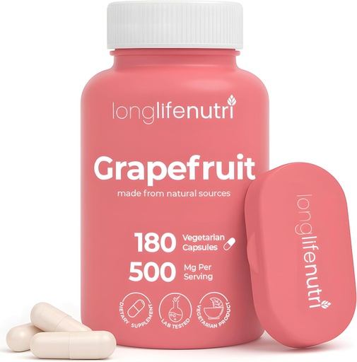 [BRSW2EALBYOQ2FA2] Grapefruit Seed Extract 500mg - härrör från Citrus Paradisis, 180 vegetariska kapslar, organisk Naringin Supplement för daglig energi och balans, 6-månaders leverans, GMP Certified, Made in USA