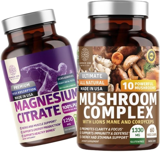 [BRSRAHQ5O4CAYHI2] Number One Nutrition N1N Premium Mushroom Complex [10X Powerful Mushrooms] and Magnesium Citrate [200mg], 2 Pack Bundle