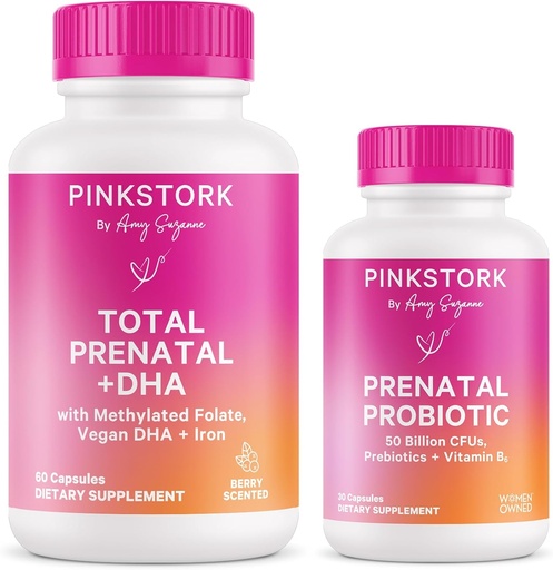 [BRSW2GQDCQCBGE3Z] Pink Stork Prenatal Vitamin Duo: Hamile Kadınlar için Prenatal Vitaminler ve Probiyotikler - DHA, Folate, B6 ve More - 2 Ürünler, 90 Capsules ve Probiyotikler