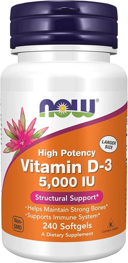 [BRSROHYNBF7GCELB] NOW Supplements, Vitamin D-3 5,000 IU, High Potency, Structural Support*, 240 Softgels with Worldwide Nutrition Keychain